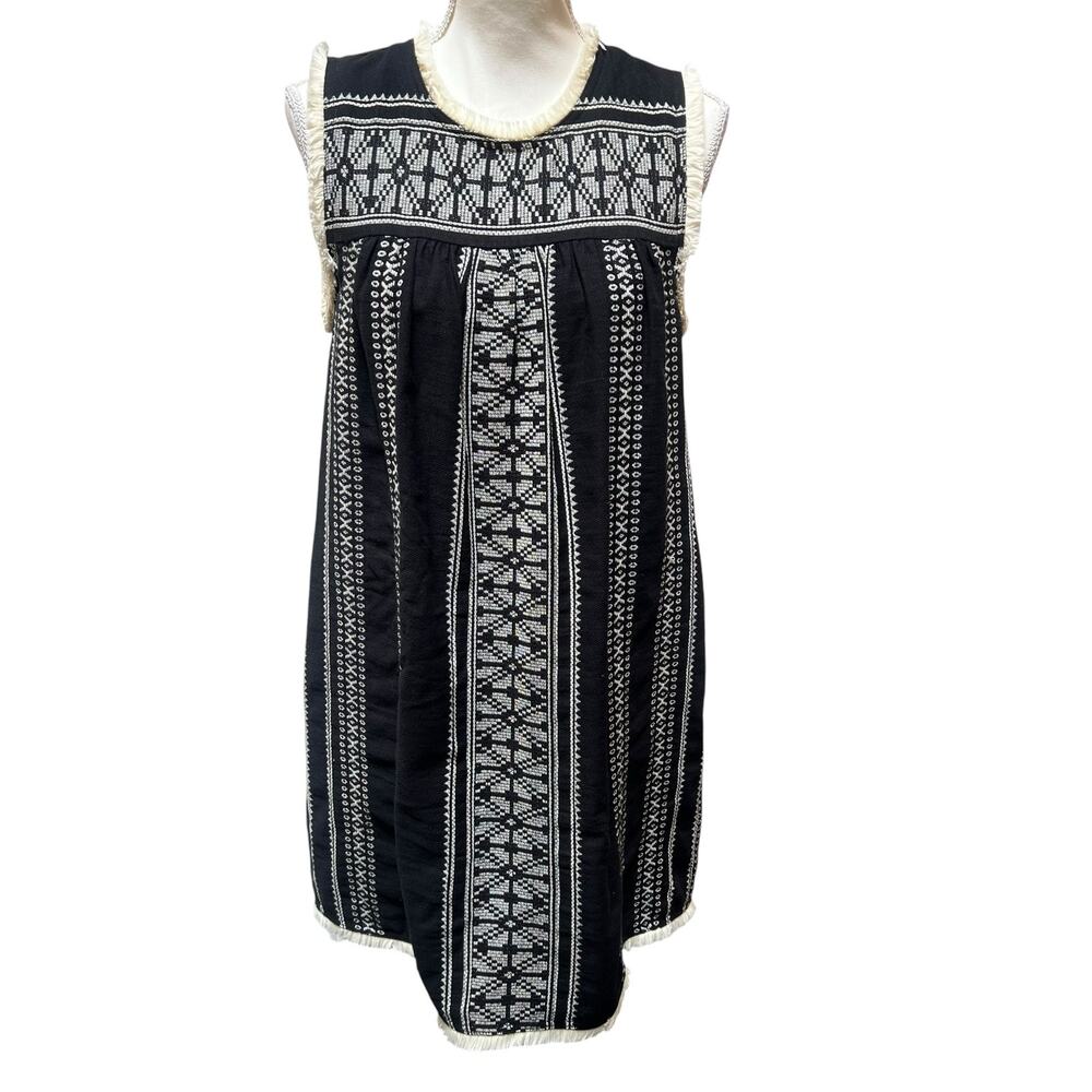 Sea New York Embroidered Fringe Shift Mini Dress Black Ivory Size 4 Boho